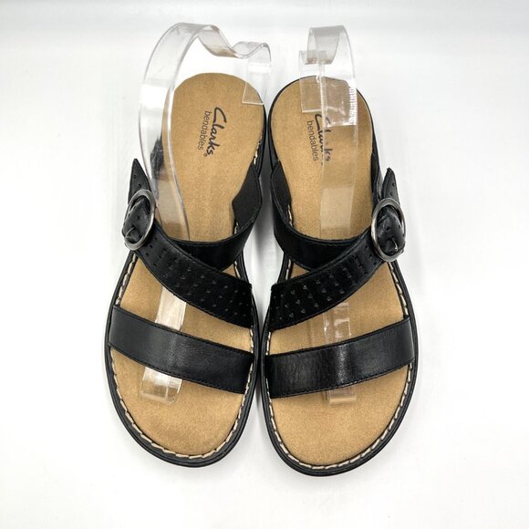 Clarks Womens Size 8M Black Leather Slip On Slides Comfort Sandals Shoes - Picture 3 of 13